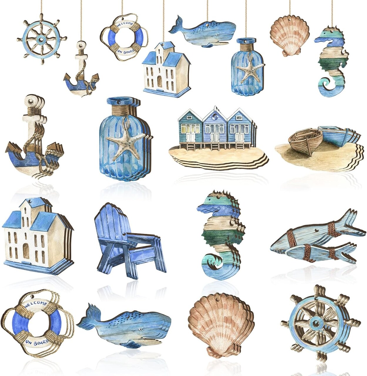 36 Pcs Summer Tree Ornaments, Ocean Beach Wooden Ornaments Nautical Rudder Hanging Decorations Summer Decor for Small Tree Home Party Birthday Holiday Supplies (Seagull)